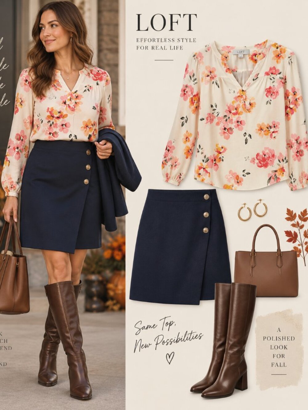 LOFT Cream Floral Top - Med
